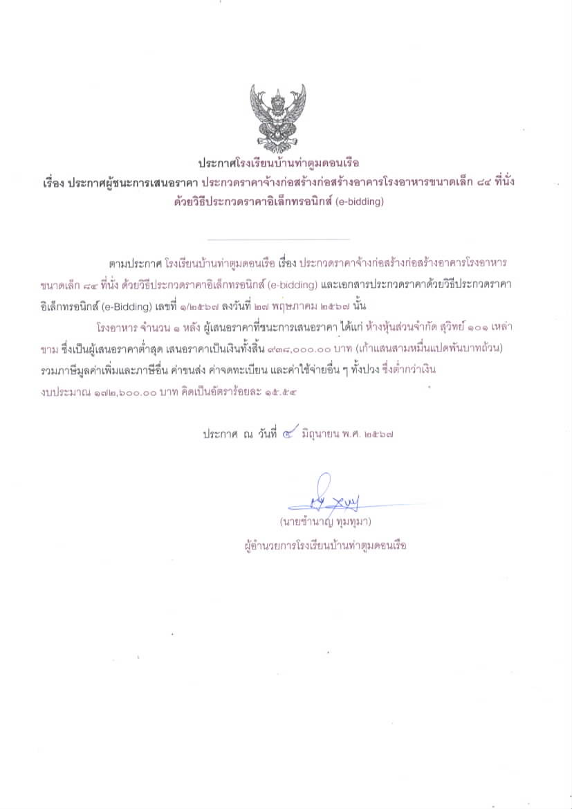 ประกาศผู้ชนะการเสนอราคา ประกวดราคาจ้างก่อสร้างอาคารโรงอาหารขนาดเล็ก 84 ที่นั่ง